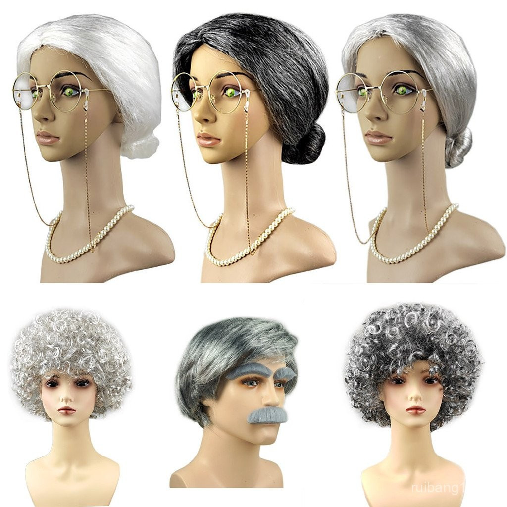 Peruca para Fantasia de Avó e Vovô, Cabelo Cacheado Cinza de Senhora Idosa, Coque Prateado, Conjunto de Coque de Senhora