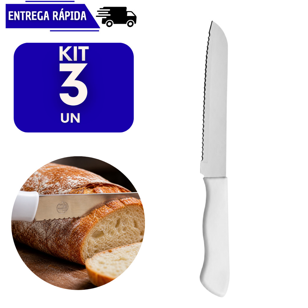 Kit 3 Faca de Pão 6” Aço Inox Serrilhada Cortar Pães Bolo Cozinha Cabo Plástico Casa Cozinha Corte Manteiga Café Manhã