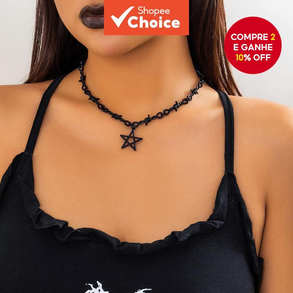Corrente Gótica Preta com Pentagrama Oco Estrela para Homens/Mulheres Punk Cool Acessórios de Joalheria 2024 em Oferta na Shopee