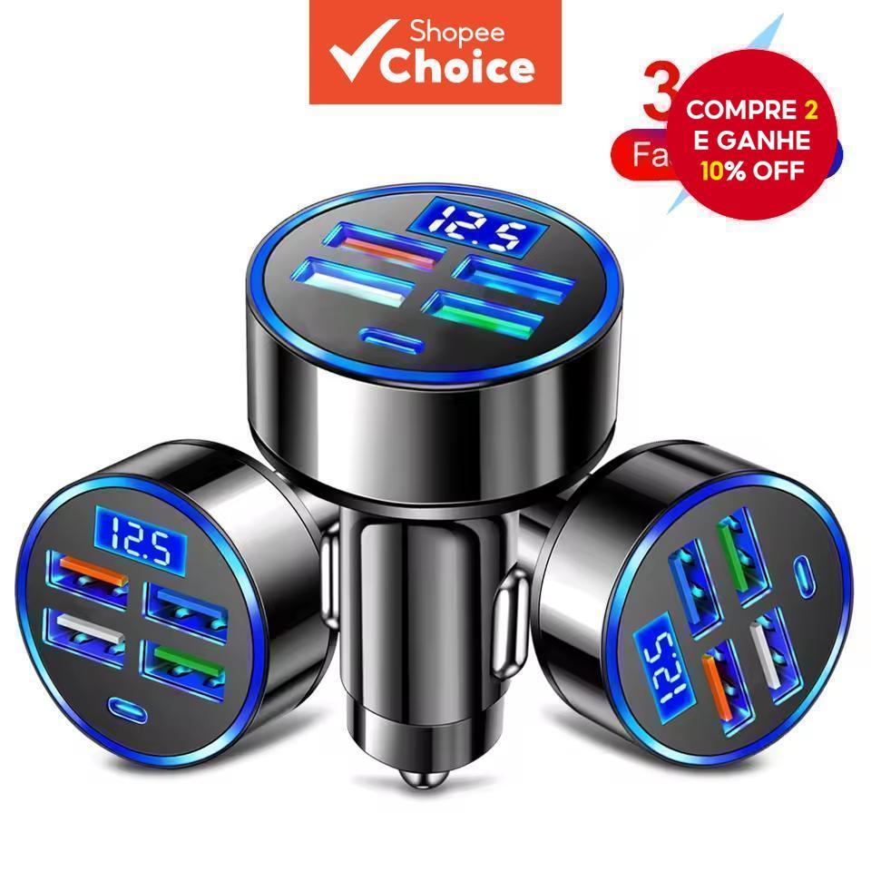 Carregador De Carro PD QC3.0 Carga Rápida De Um A Seis Plugue Flash Com Display Digital