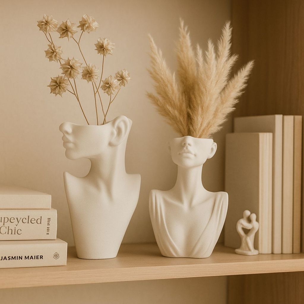Kit de 2 Vasos Decorativos Branco e Marfim com Design Esculpido – Sala, Estantes, Aparadores e Mesas Frida Lais