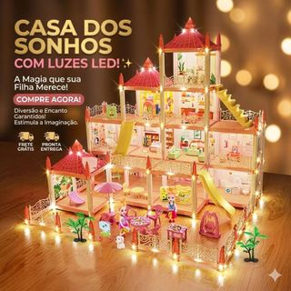 Casa Casinha Castelo De Boneca Gigante 4 Andares 11 Cômodos Com Luz LED E Móveis Luxo
