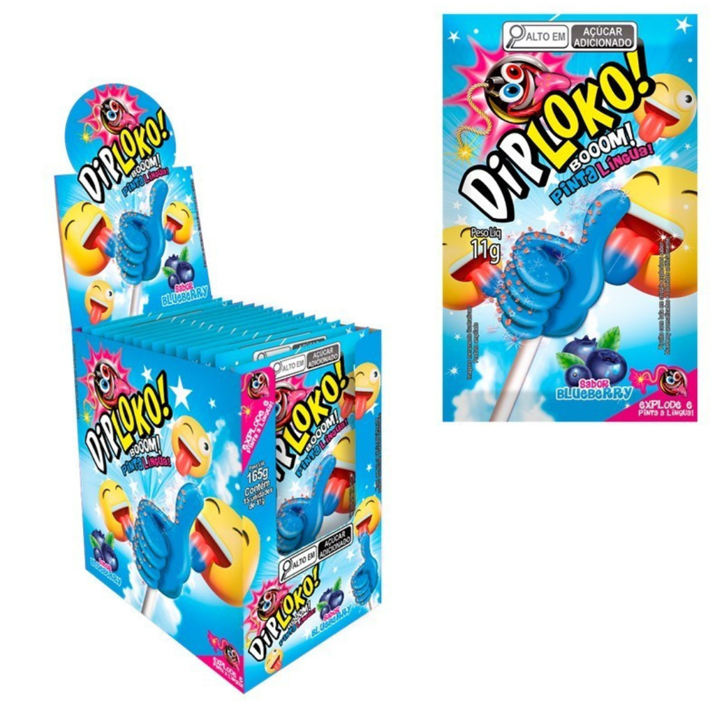 Pirulito DIP LOKO sabor blueberry, com pó azedinho que estala na boca.