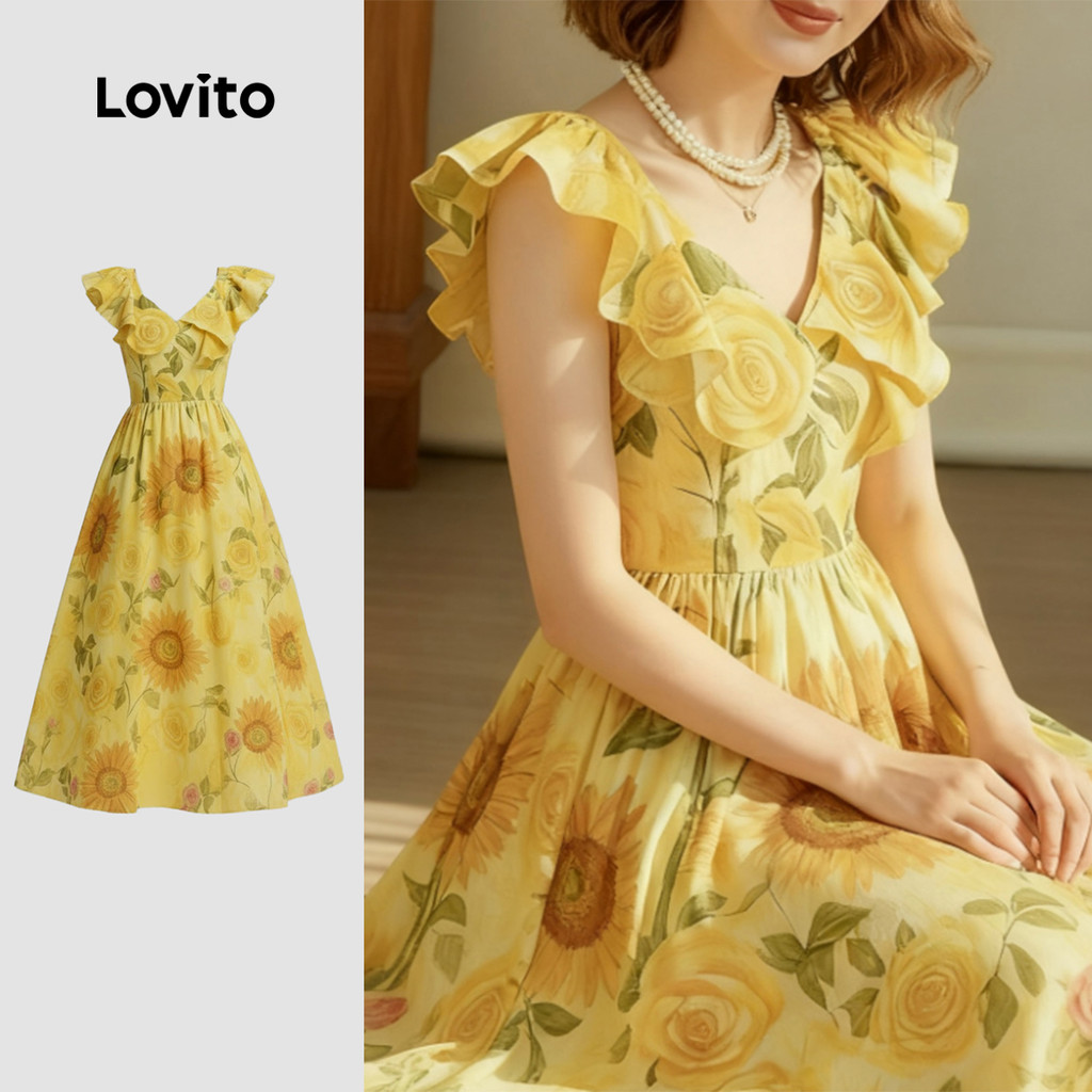 Lovito Vestido Boho Volante Vincent Van Gogh Girassóis Primavera/Verão para Mulheres LFI1ED009 em Oferta na Shopee