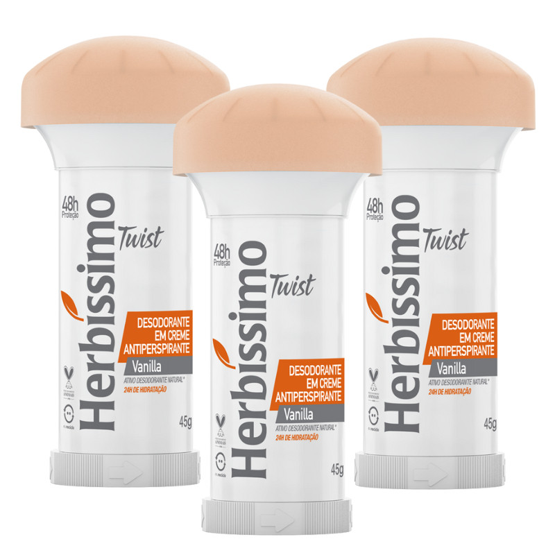 Kit 3 unid -  Desodorante Twist Antitranspirante Herbíssimo Vanilla 45g em Oferta na Shopee