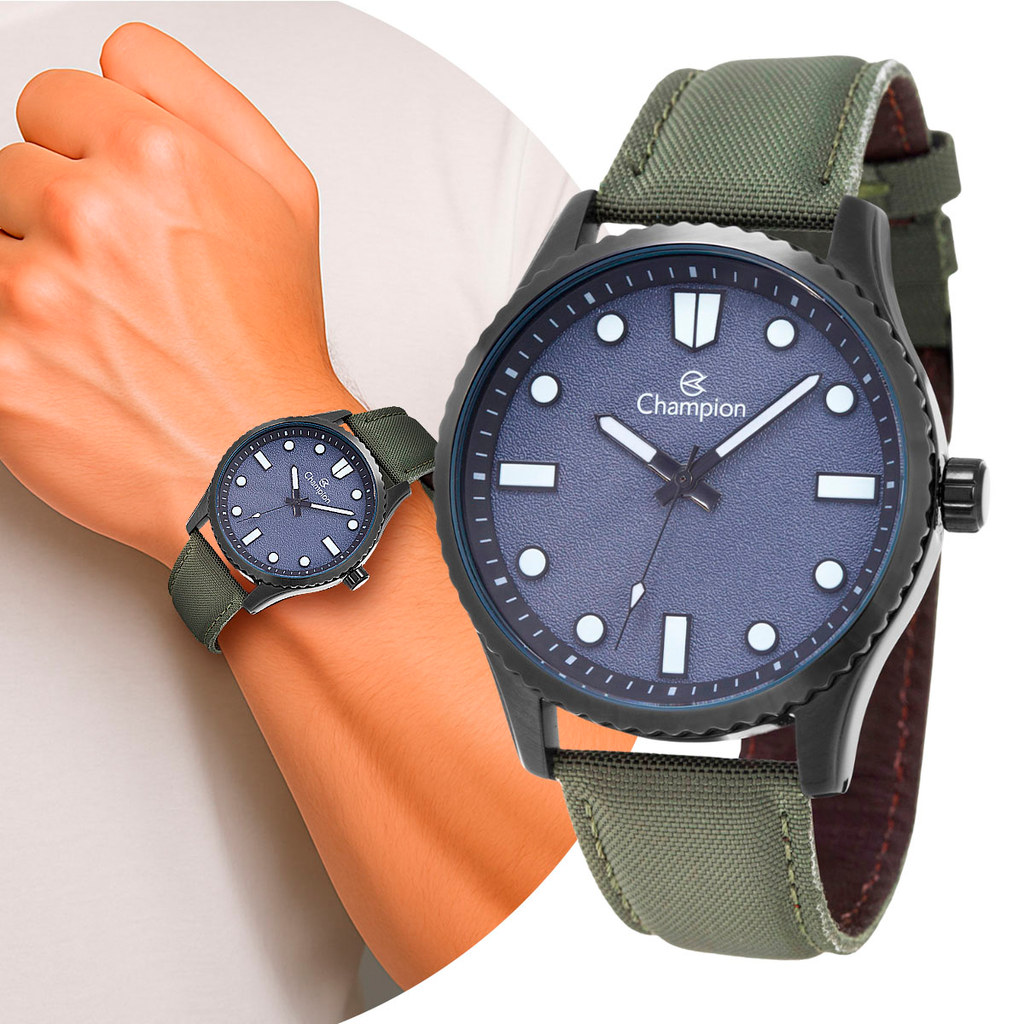 Relógio Masculino Verde e Cinza de Pulso com Pulseira Nylon à Prova D' Água Militar Champion Original
