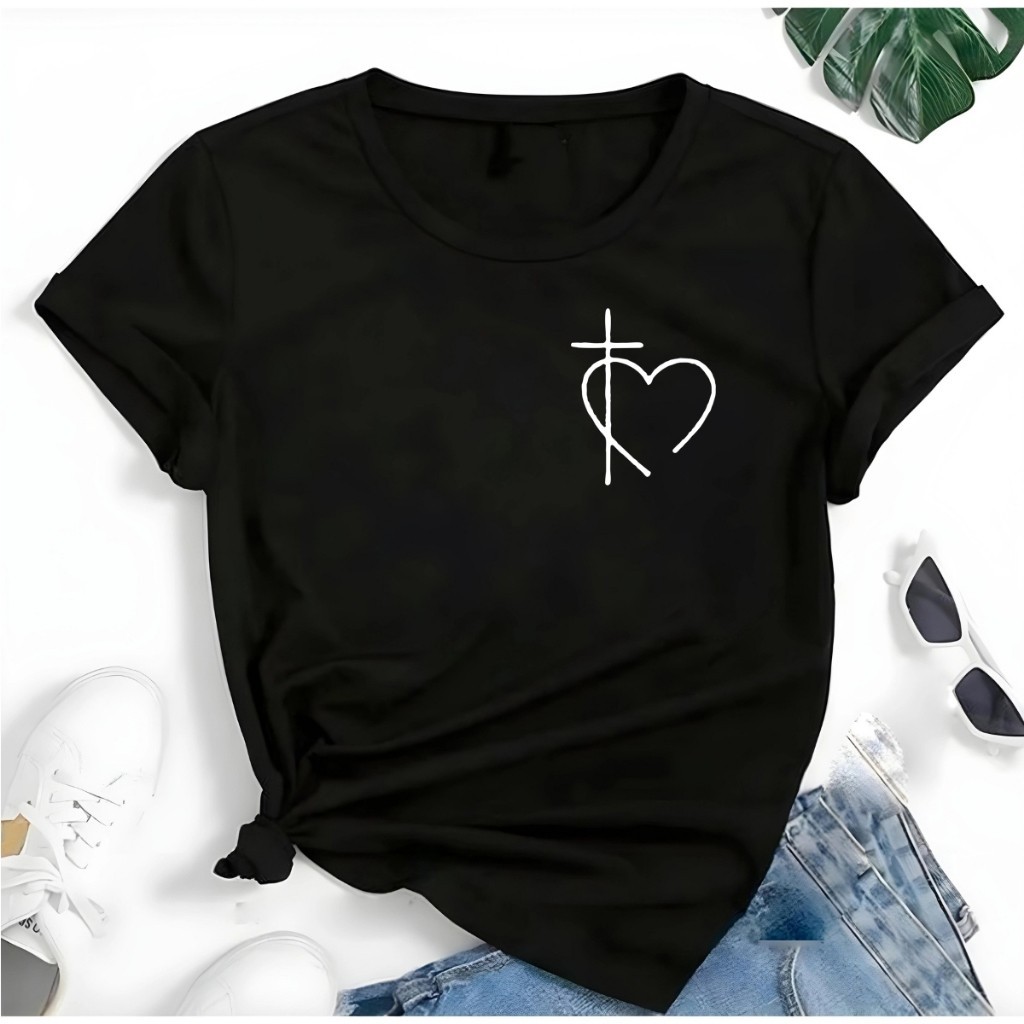 Camiseta BabyLook Coração Cruz Fé Camiseta Feminina Camisa 100% Algodão Envio Imediato Lançamento Dia a Dia