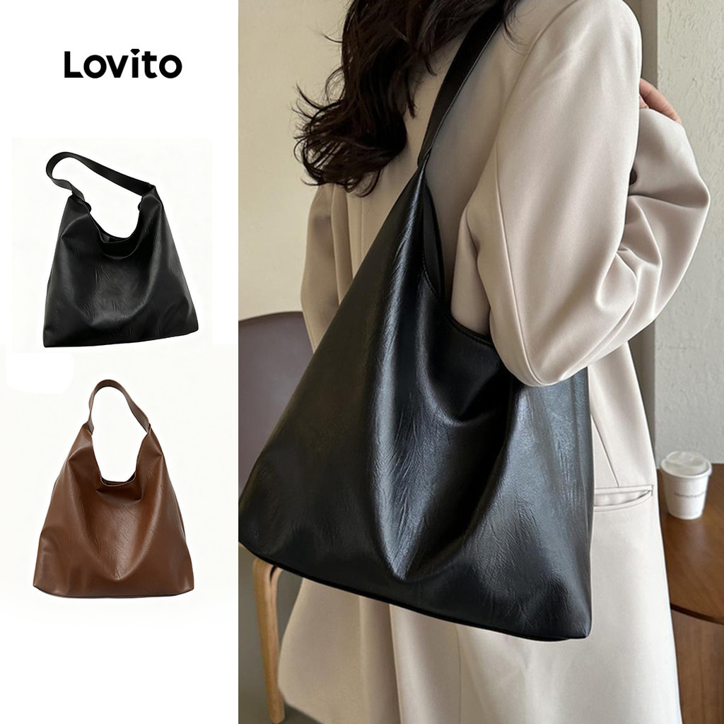 Lovito Bolsa de ombro leve casual com botão liso e elegante de grande capacidade para mulheres LFA45470