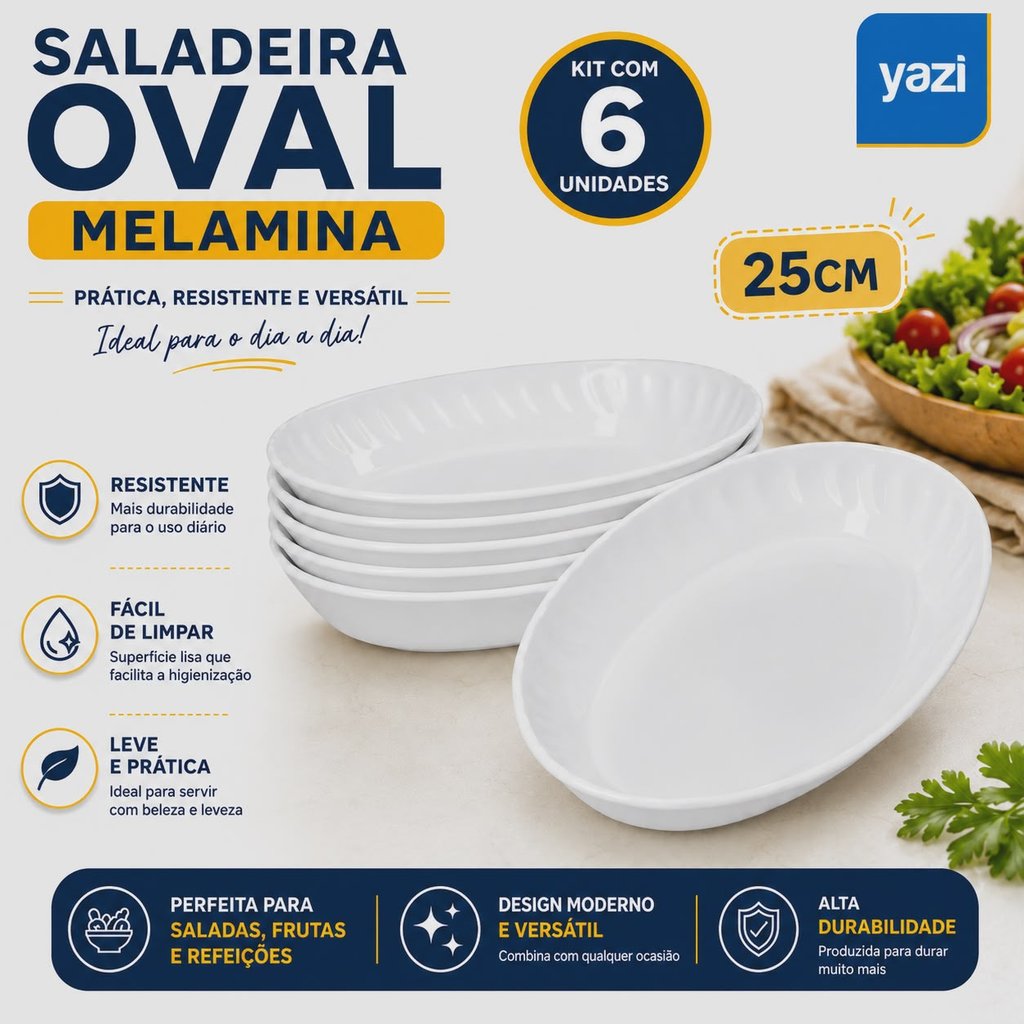Kit c/6 Saladeira Oval 25cm Melamine Plástico Resistente
