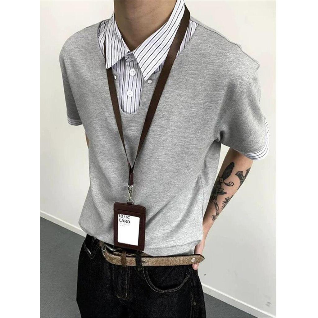 Americano falso camisa de duas peças gola de manga curta camisa polo masculina verão Street Wear High-End moda meia mang