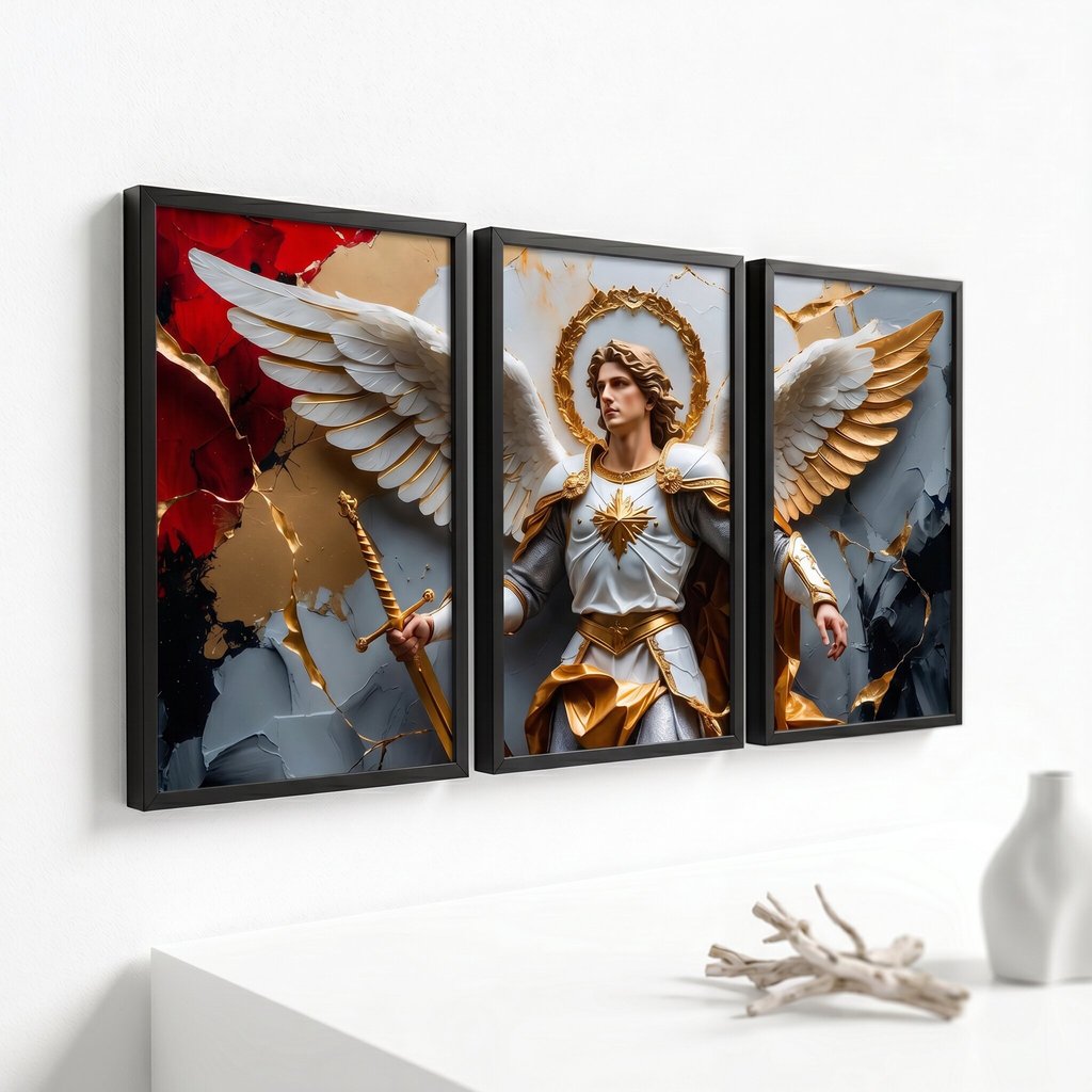 Quadros Decorativo Arte Religiosa Arcanjo São Miguel Anjo Guerreiro Celestial Luxo Sala Quarto