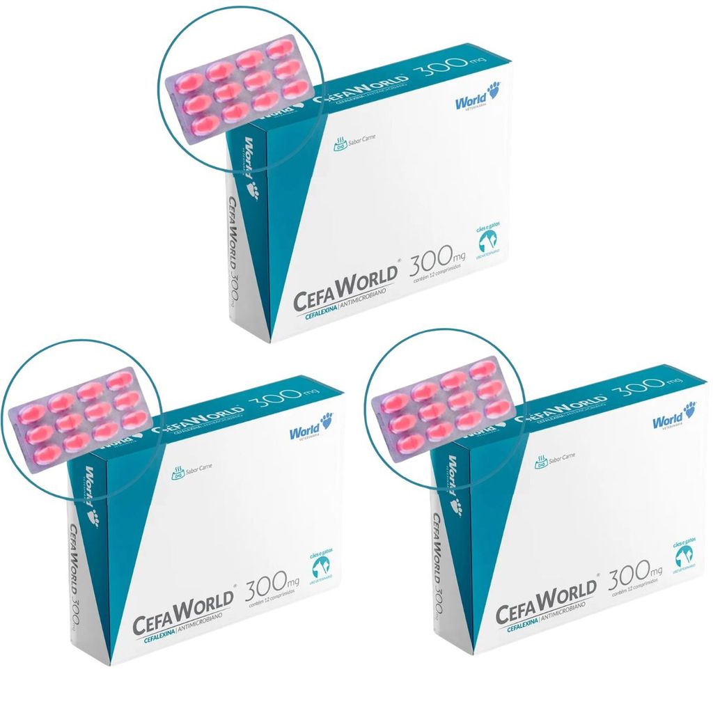 03 CefaWorld 300 mg Cães e Gatos Com 12 Comprimidos - World