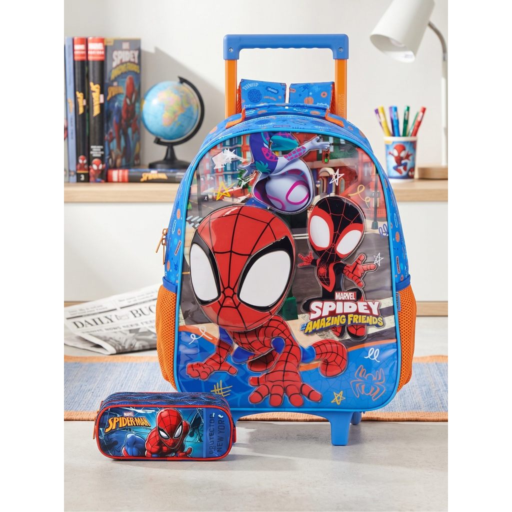 Kit Conjunto Escolar Infantil Menino Marvel Spidey Mochila Rodas e Costas  + Estojo Penal Triplo Spider Man