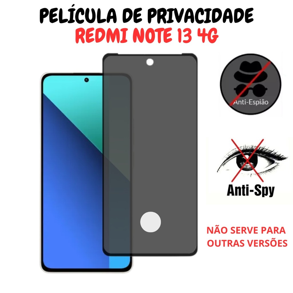 Película de Privacidade Vidro 3D Xiaomi Note 13 4G - Com Furo Para Biometria