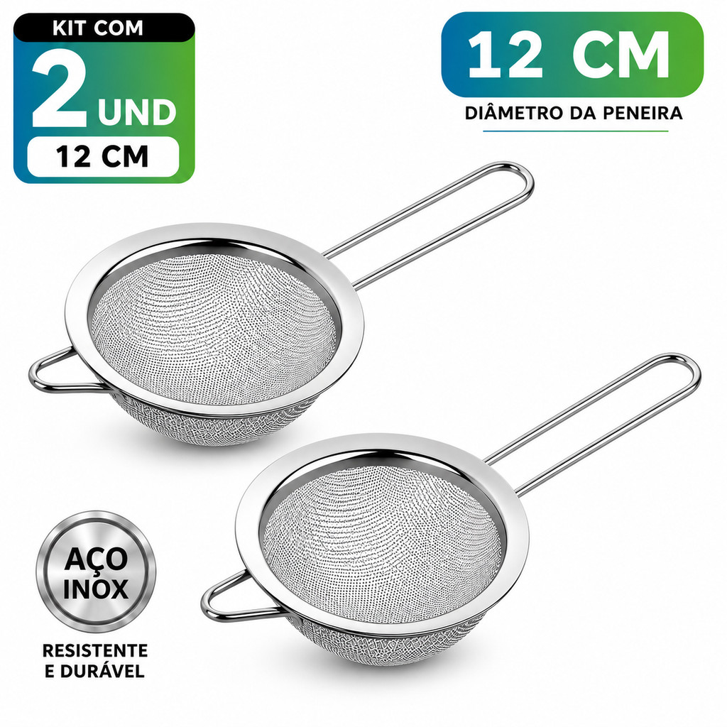 Kit 2 Peneiras Aço Inox  12cm – Coador Manual Resistente Para Cozinha
