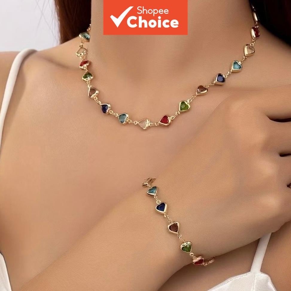 Conjunto De Colar E Pulseira De Zircônia Cúbica De Coração Colorido Fofo Para Mulheres , Estilo Ins , Corrente Banhada A