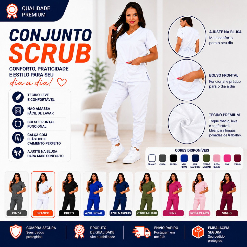Pijama Hospitalar Scrub Cirúrgico Feminino Acinturado Varias Cores Tamanhos Ajustável Não Amassa