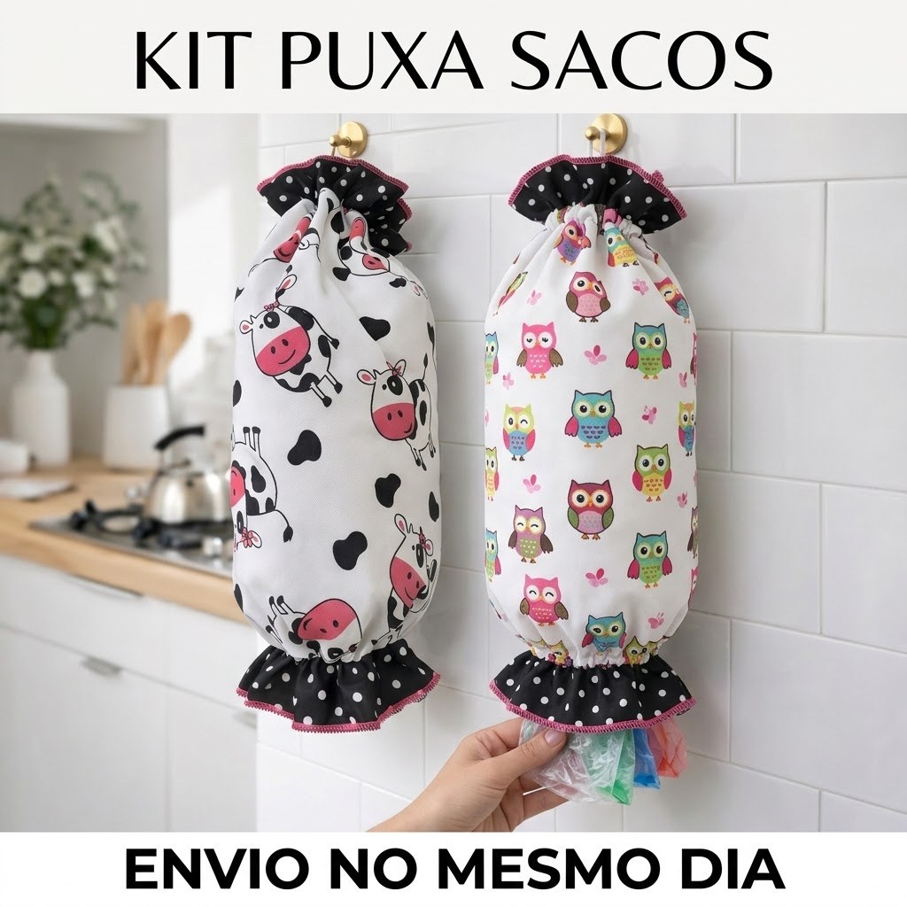 2 Porta Sacolas Puxa Saco Estampado Grande Decorativo Organizador de Cozinha Tecido Premium Atacado