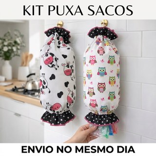 2 Porta Sacolas Puxa Saco Estampado Grande Decorativo Organizador de Cozinha Tecido Premium Atacado
