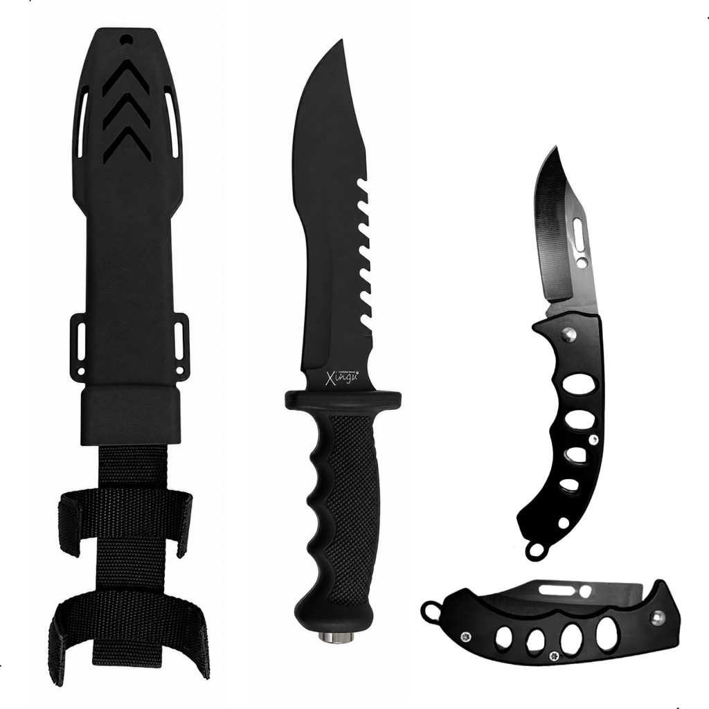 Kit Sobrevivencia Faca Tatica + Arremesso Com Bainha + Canivete Caça Pesca Camping