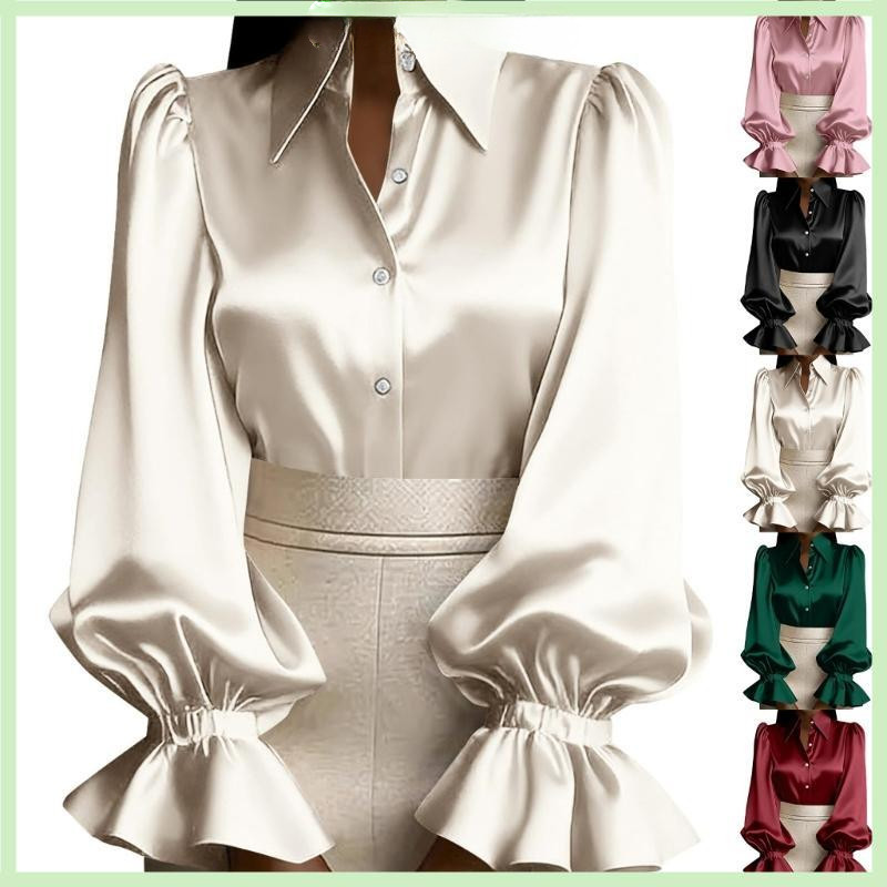 R Blusa Feminina Cetim Botão Frontal Bufante Babados Flare Manguito Elegante Escritório Trabalho Negócios C