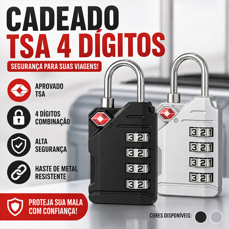 Imagem Cadeado TSA 4 Dígitos com Haste de Metal Senha para Mala Viagem Bagagem Academia Alta Segurança Durável