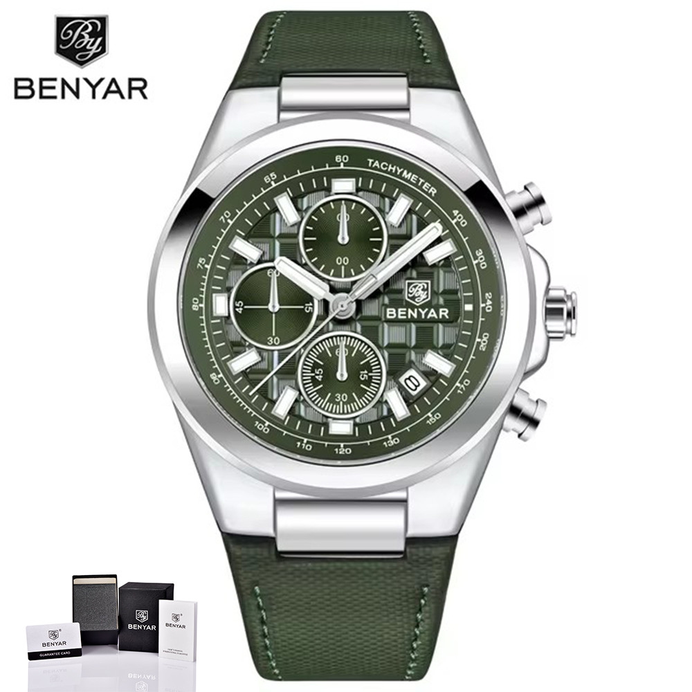 BENYAR 8506 Relógio Masculino De Luxo Quartzo À Prova D'água Luminoso Data Cronógrafo Couro Relógios Esportivos Militare