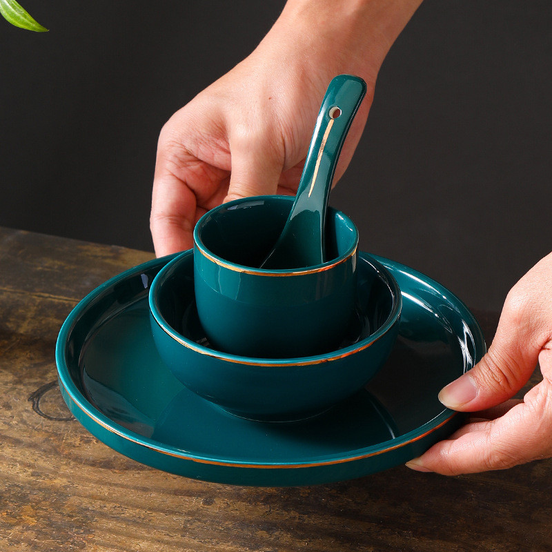 Conjunto de utensílios de mesa de cerâmica estilo chinês para hotel, conjunto de quatro peças com pratos, tigelas e colh