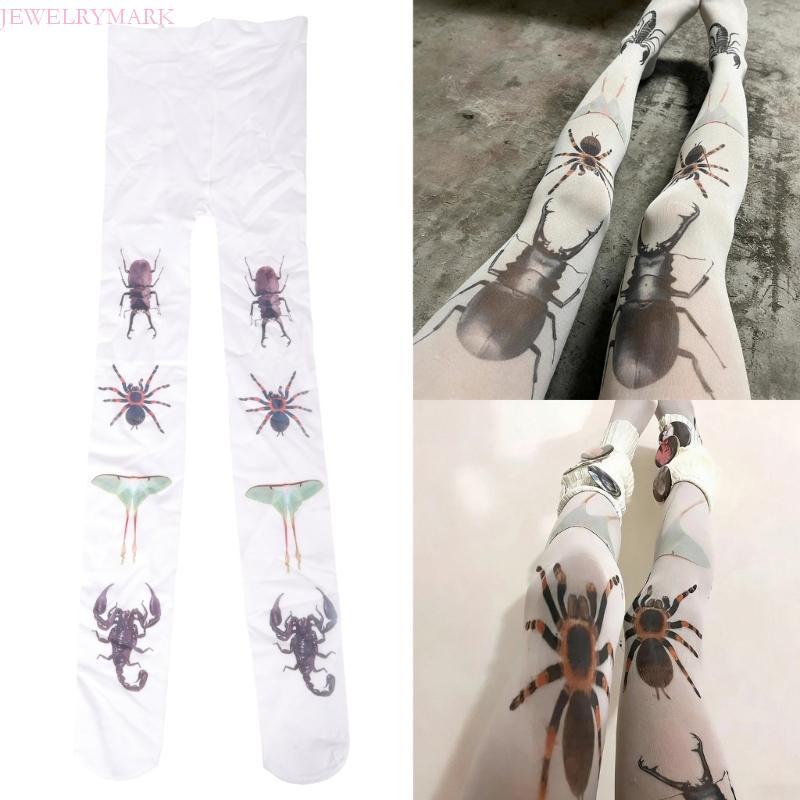 Meia-Calça Feminina Gótica Estampa Insetos Grunge Estética Opaca