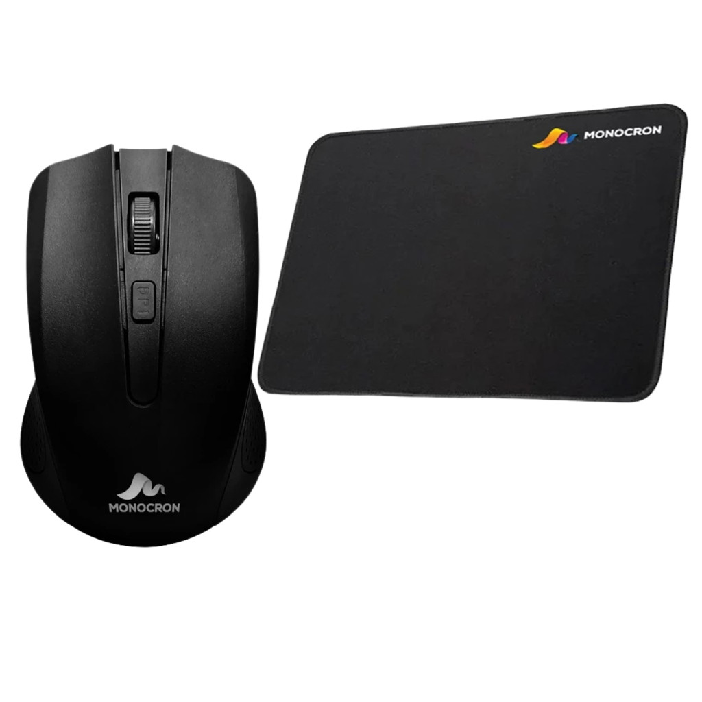 Kit Mouse Óptico Wireless 2.4GHz Sem Fio e Mouse Pad Monocron MN4W310 Preto Escritorio Ergonomico