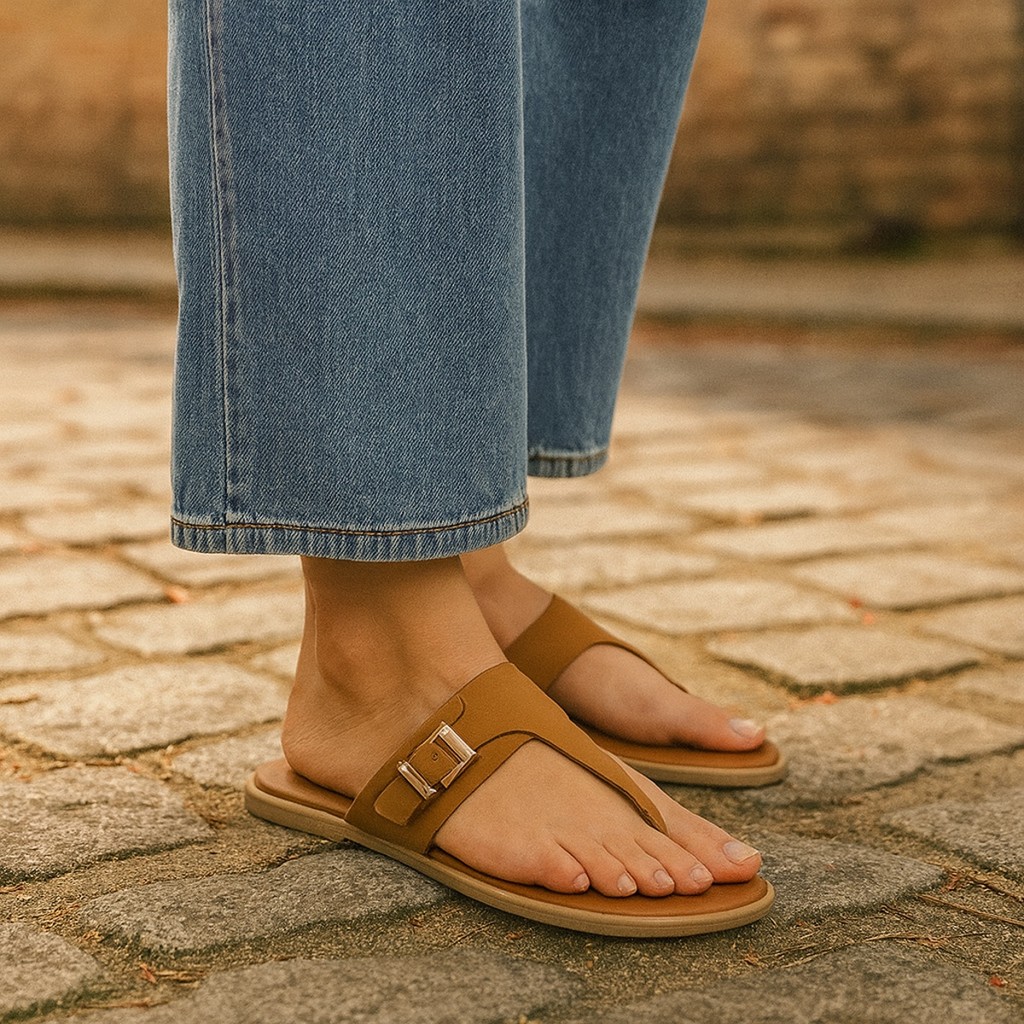Sandália Feminina Rasteira Santa Lolla – Tendência Verão | Elegante, Leve e Confortável Bege/ Caramelo