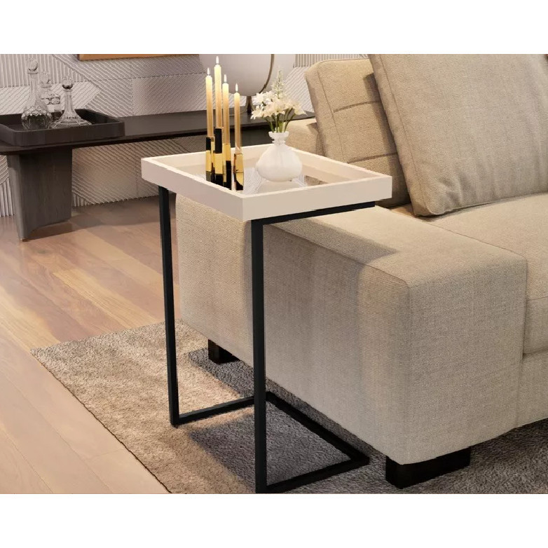 Mesa Lateral Espelhada com Pés de Ferro Apoio Sala Sofá Moderna Decoração Resistente e Elegante Pérola Preto