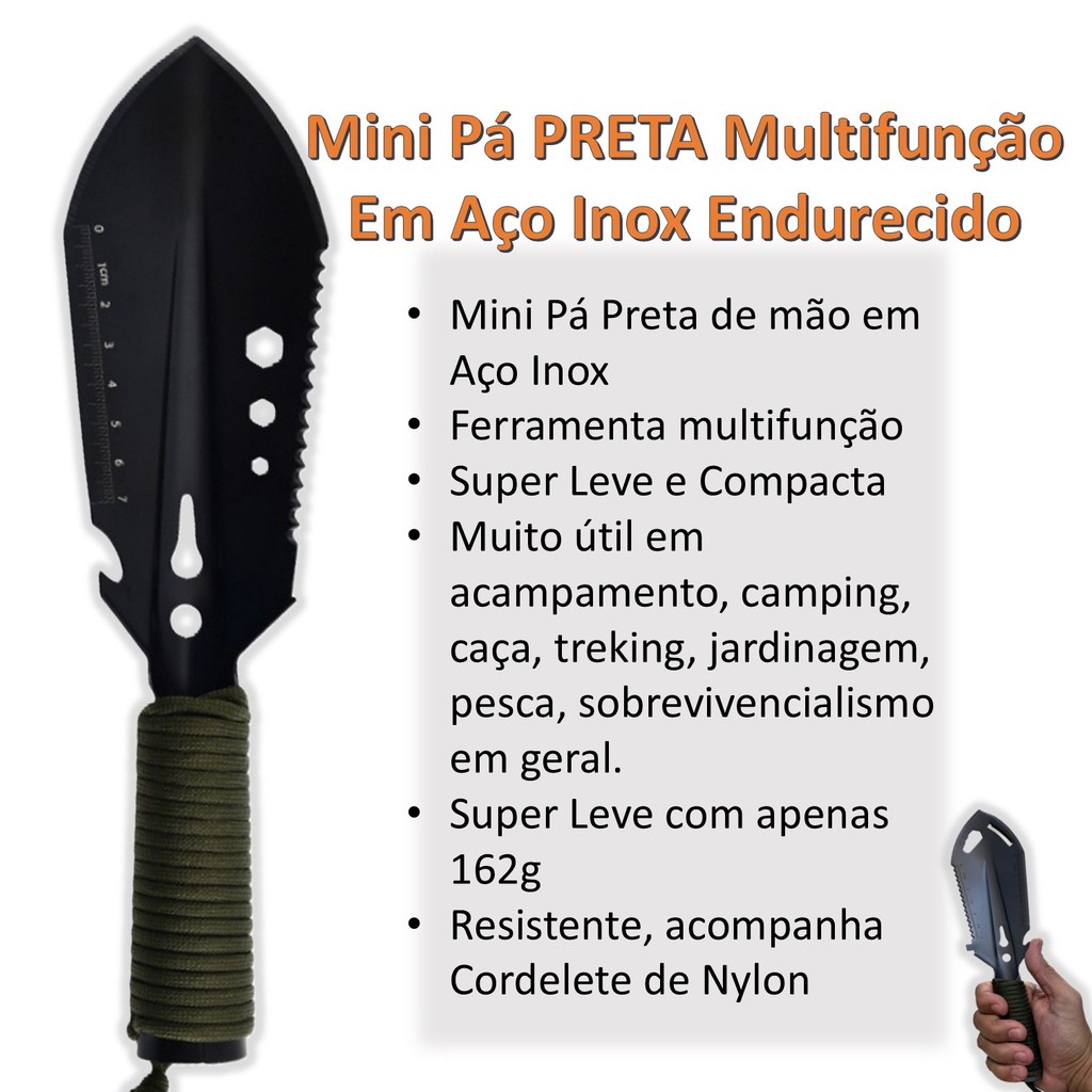 Mini Pá PRETA Multifunção Corta Serra Cava Acampamento Pesca Sobrevivencialismo c/ Cordelete