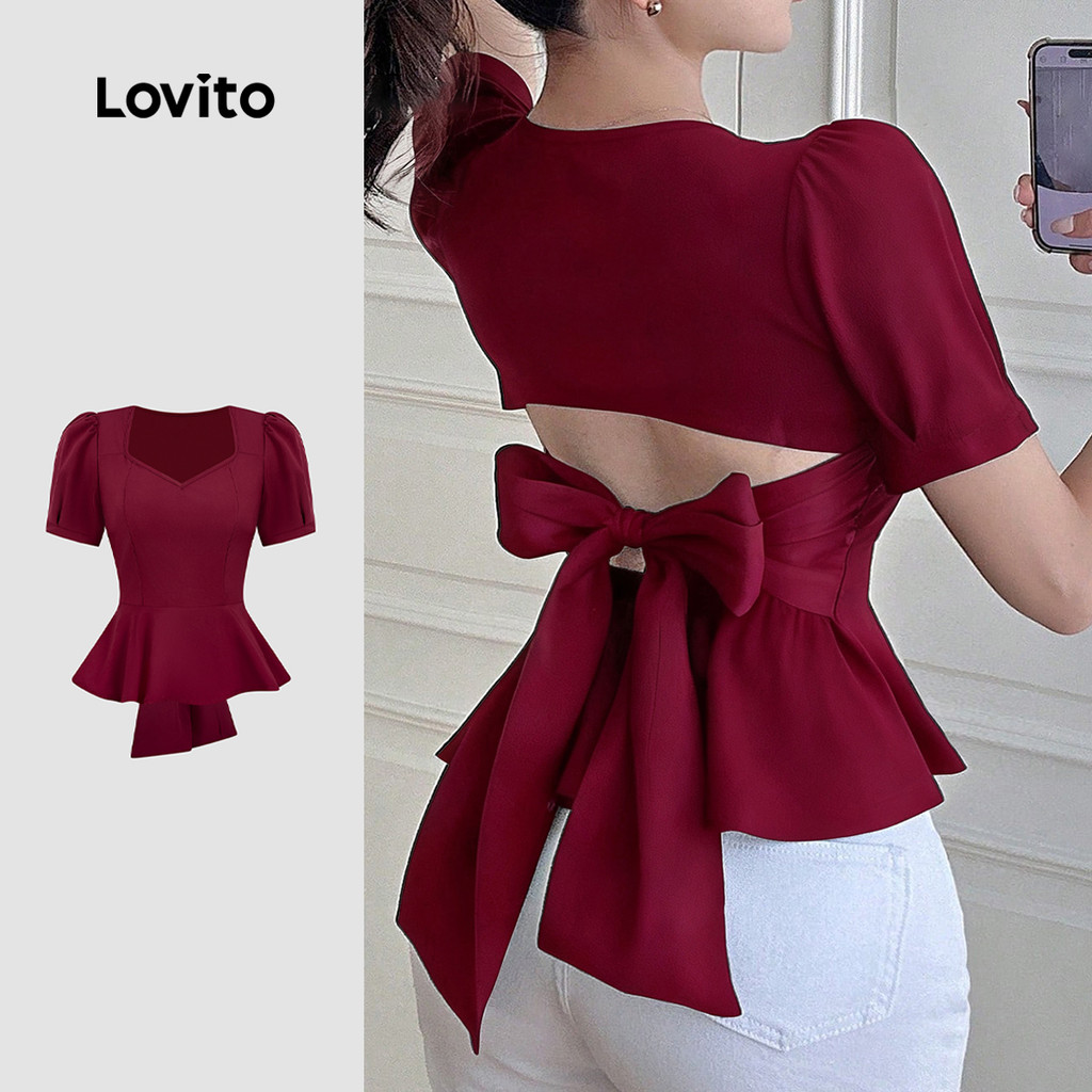 Lovito Blusa Elegante De Festa Com Babados Na Barra Cor Vinho Para Mulheres Ideal Para a Primavera/verão L165ED633 em Oferta na Shopee