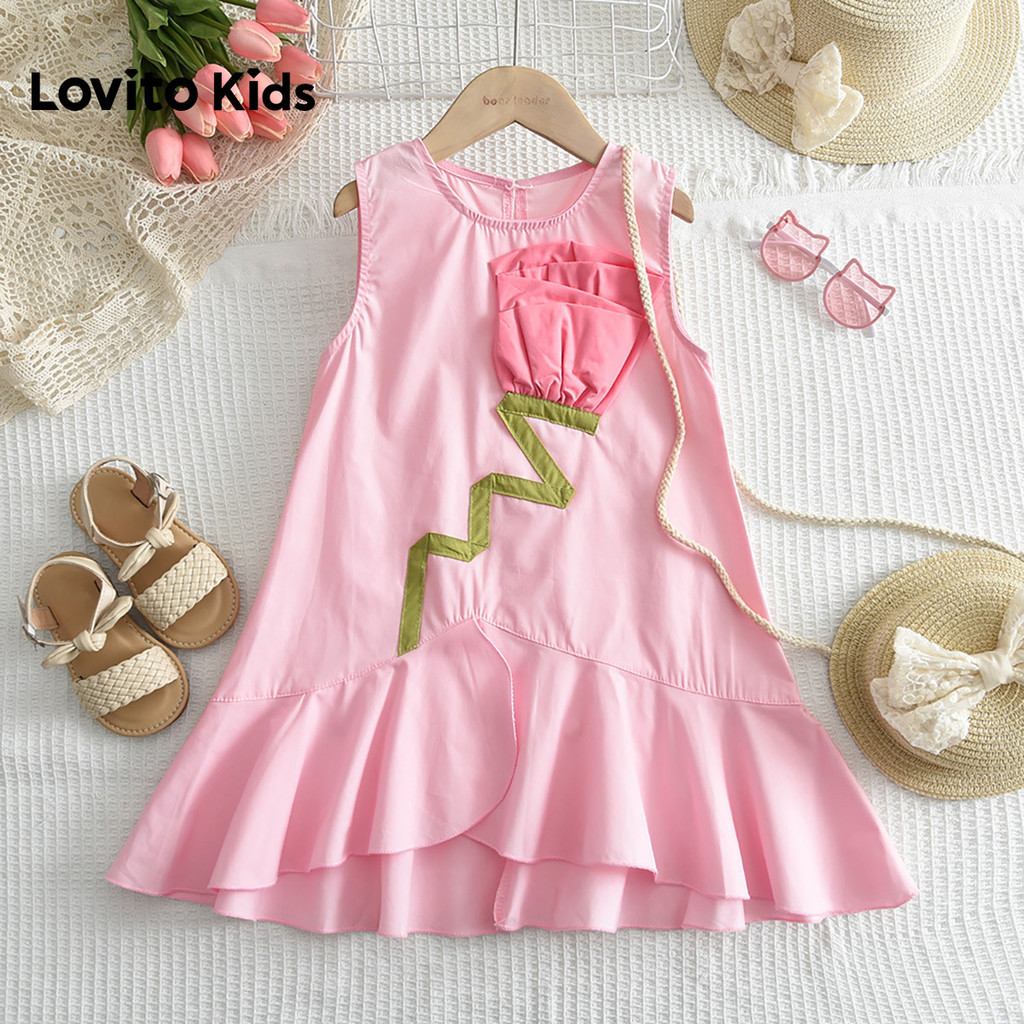 Lovito Kids Vestido Casual com Apliques de Flores para Menina Na Primavera/verão rosa LNL128207 em Oferta na Shopee