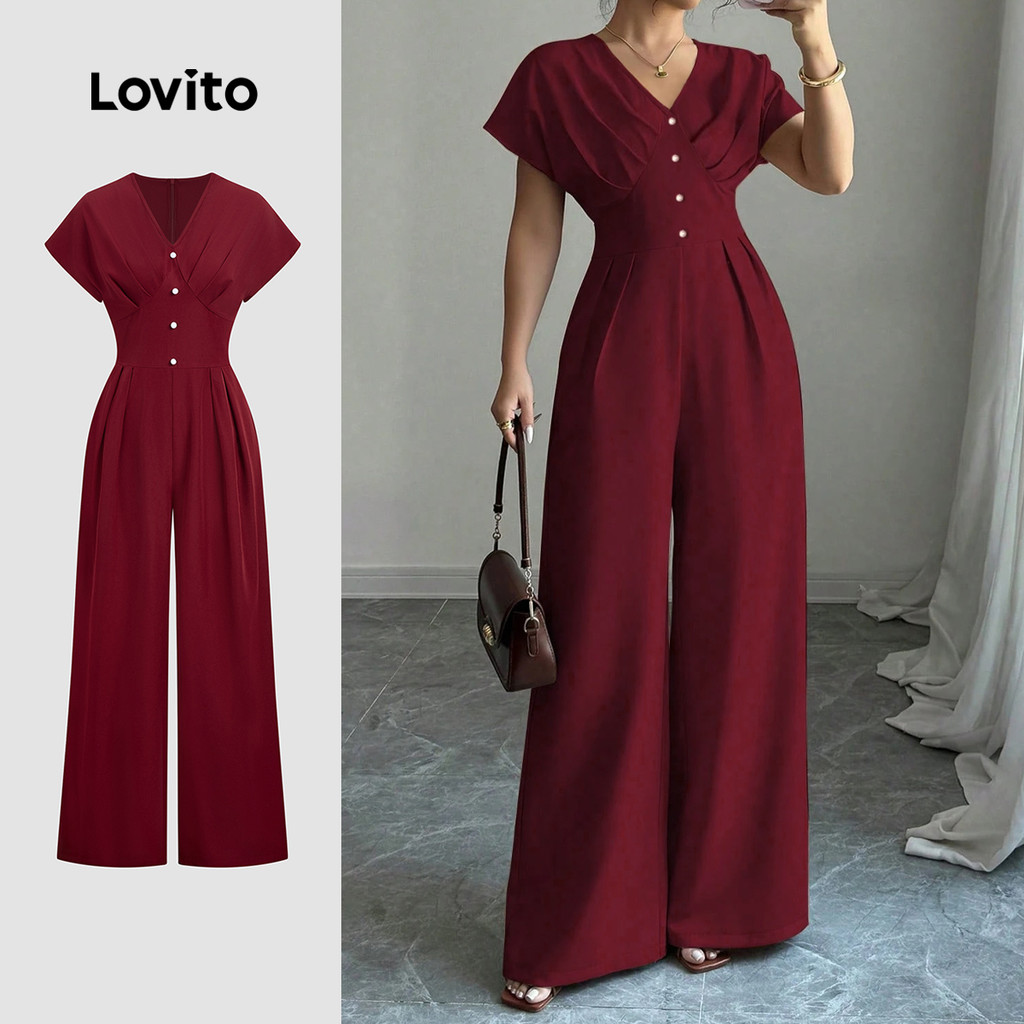 Lovito Macacão Elegante De Festa Vermelho Com Botões E Pregas Macacão Bordô Para Primavera/verão Para Mulheres LBL31115 em Oferta na Shopee