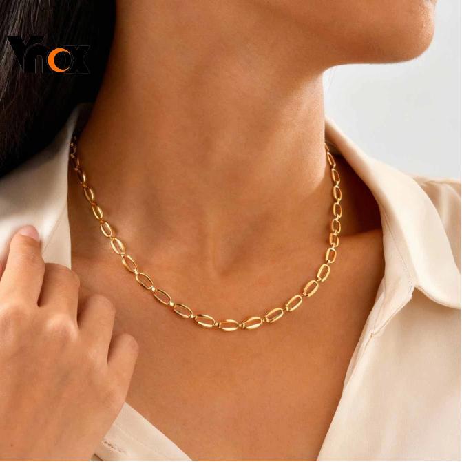 Vnox Oval Forma Link Corrente Colar Geometria De Aço Inoxidável Jóias Para Mulher Menina