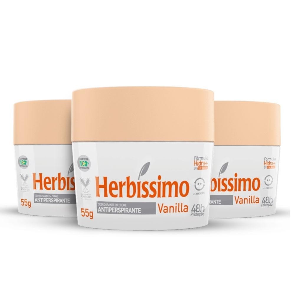 Kit 3 unid - Desodorante Creme Antitranspirante Herbíssimo Vanilla 55G em Oferta na Shopee