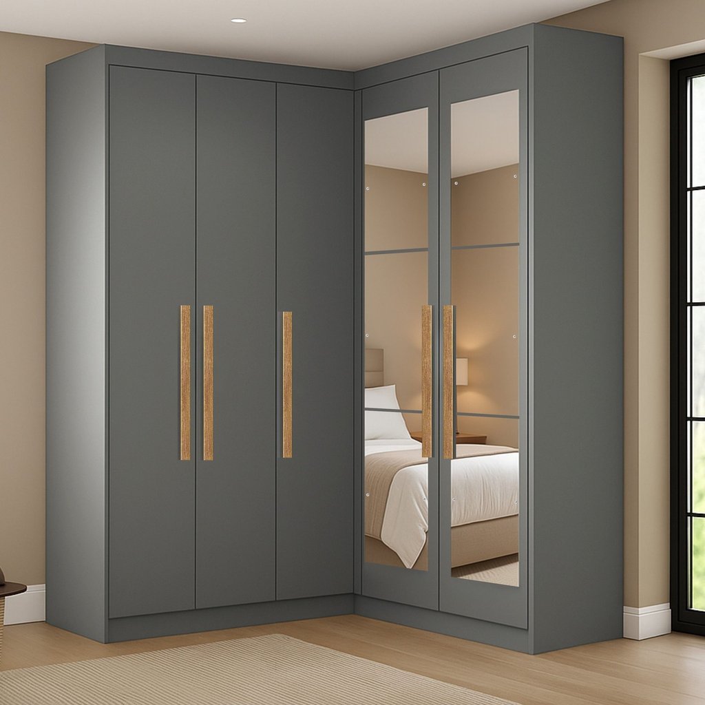 Guarda-Roupa Modulação de Canto com Puxadores MDF com Espelho Paris Cinza/Onix Ônix
