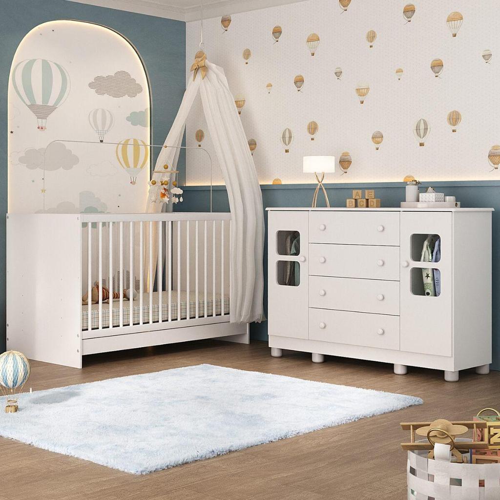 Berço 3 em 1 para Colchão 130x60cm com Cômoda 2 Portas 4 Gavetas Sol Multimóveis MP4748