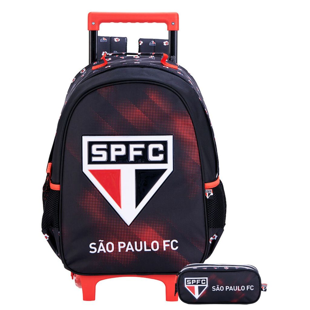 Kit Conjunto Escolar Infantil Menino Futebol Time São Paulo Tricolor Mochila de Rodas + Estojo Duplo