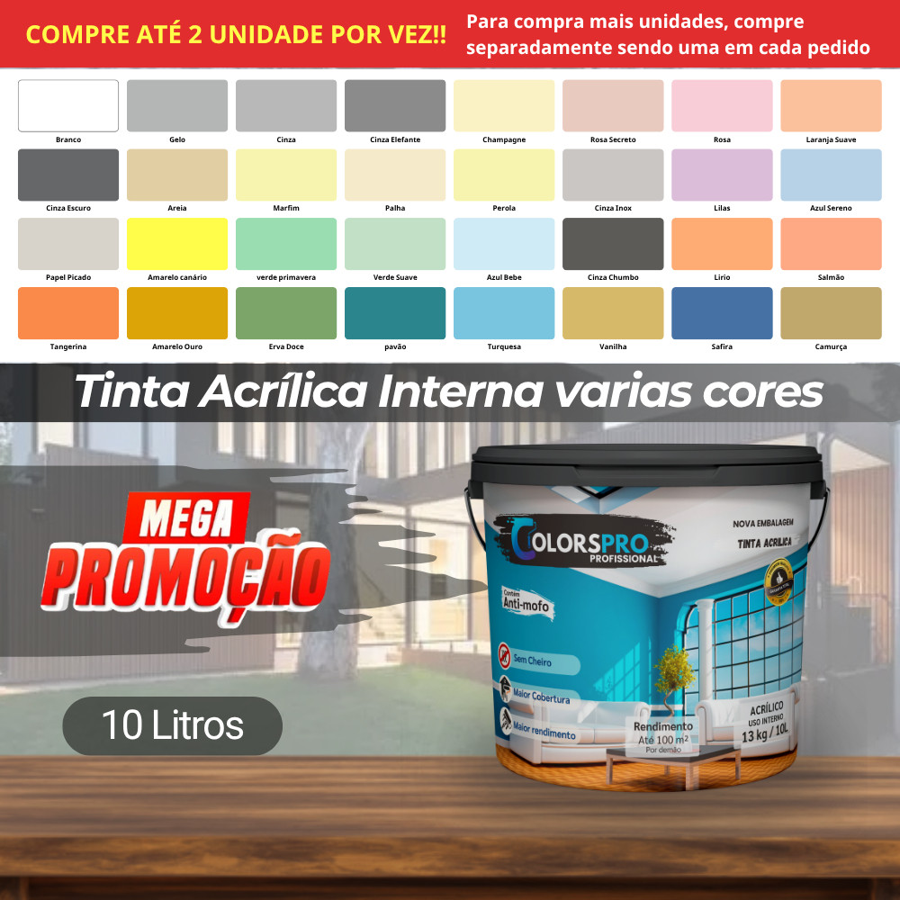 Tinta acrílica 10 litros ColorsPro, Sem cheiro e Antimofo - alta cobertura 33 cores disponíveis em Oferta na Shopee