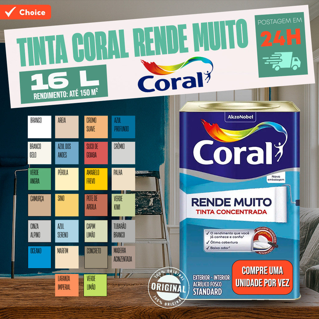 Tinta Coral Rende Muito 16L - (Branco, gelo, cinza alpino, tubarão branco, camurça, azul dos andes) em Oferta na Shopee