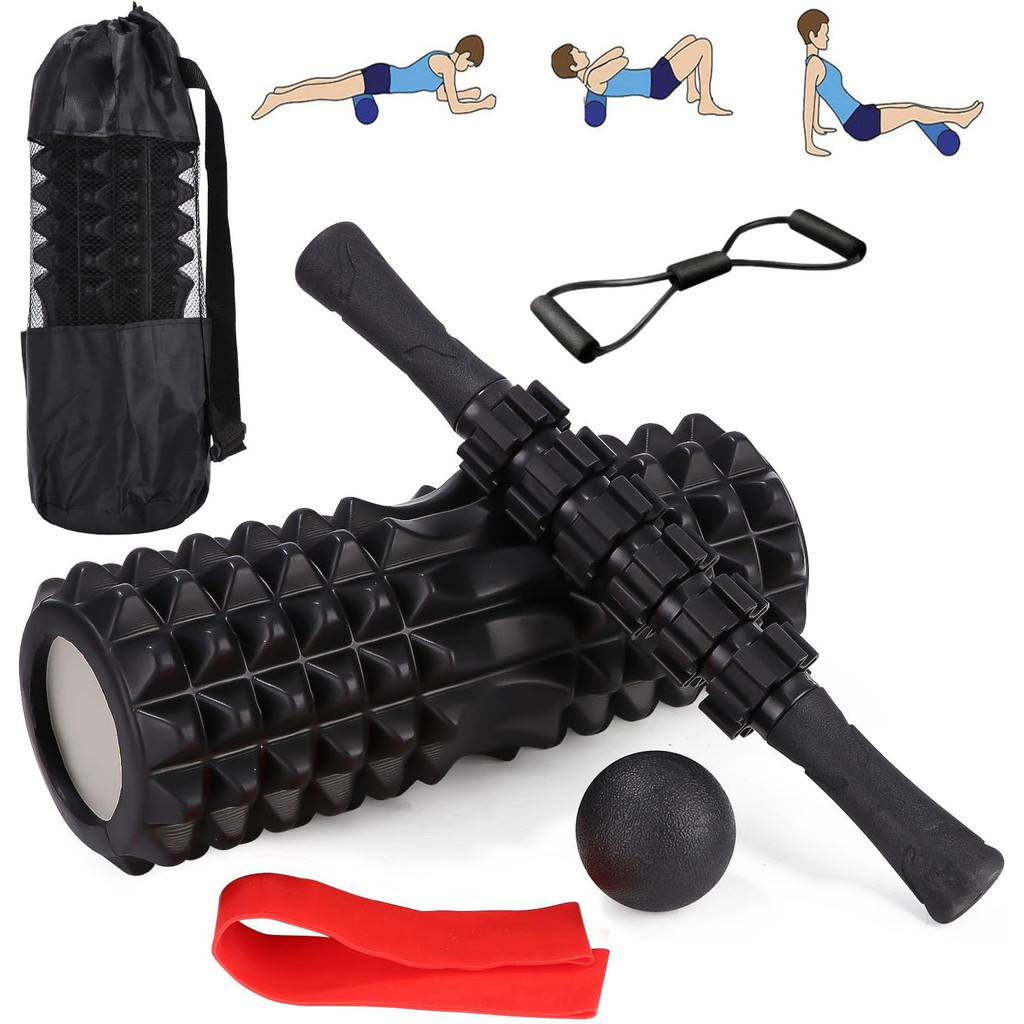 Imagem Kit 5 em 1 Massagem Muscular - Rolo Foam, Bola Lacrosse, Faixa Elástica + Bolsa