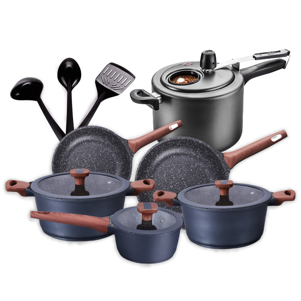 Conjunto de Panelas 9 Peças Titanium Alumínio Cerâmico com Panela de Pressão Visor de Vidro