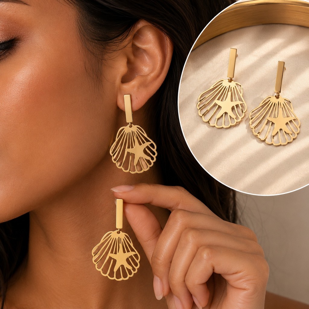Brinco Feminino Concha Estrela Do Mar Aço Inoxidável Dourado Não Escurece Antialérgico Leve Praia Verão