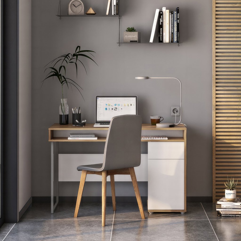 Escrivaninha Mesa Escritório Chicago 1 Gaveta 1 Porta 120cm Industrial Branco Aveiro/Branco