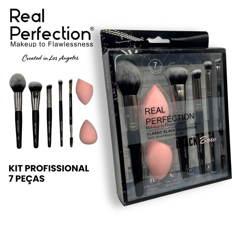 Kit 7 Peças Pincéis Profissionais Real Perfection– Esponjas, Escova de Cílios e Pincéis de Maquiagem
