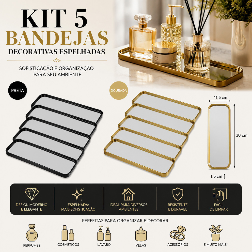 Kit  5 Bandejas Decorativa Espelhada Doura Preta