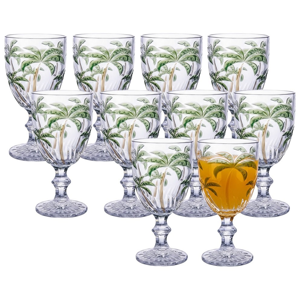 Jogo 10 Taça de Coqueiro Palm Tree Vidro Transparente com Desenho Palmeira Class Home 300ml